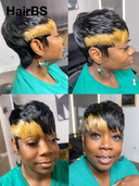 Machine Made straight pixie cut wig honey highlight 100% Human Hair