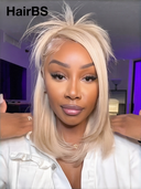 Pre-styled Updo 13x4 Lace Front Wig blonde straight bob 12 inch 100% Human Hair