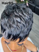 Machine Made straight pixie cut wig highlight 100% Human Hair