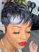 Machine Made straight pixie cut wig highlight 100% Human Hair