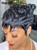 Machine Made straight pixie cut wig highlight 100% Human Hair