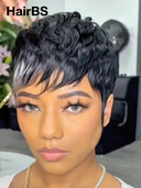 Machine Made straight pixie cut wig highlight 100% Human Hair