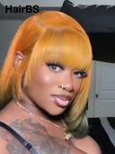 Machine Made BOB 10 inch straight orange with bangs Glueless wig 100% Human Hair