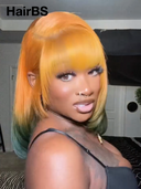 Machine Made BOB 10 inch straight orange with bangs Glueless wig 100% Human Hair