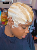 Full lace Pixie cut Wig blonde water wave side part 100% Human Hair