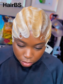 Full lace Pixie cut Wig blonde water wave side part 100% Human Hair