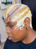 Full lace Pixie cut Wig blonde water wave side part 100% Human Hair