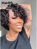 Machine Made Glueless Wig curly wave pixie black side part 100% Human Hair