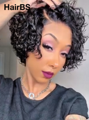 Machine Made Glueless Wig curly wave pixie black side part 100% Human Hair