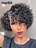 Machine Made Glueless Wig curly wave pixie black side part 100% Human Hair