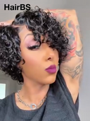 Machine Made Glueless Wig curly wave pixie black side part 100% Human Hair