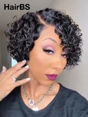 Machine Made Glueless Wig curly wave pixie black side part 100% Human Hair
