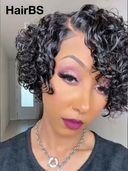 Machine Made Glueless Wig curly wave pixie black side part 100% Human Hair
