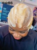 Full lace Pixie cut Wig blonde water wave side part 100% Human Hair