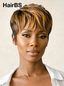 Glueless wig pixie cut Machine Made honey highlight 100% Human Hair