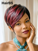 Machine Made rouge highlight straight pixie cut wig  100% Human Hair