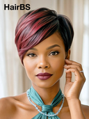 Machine Made rouge highlight straight pixie cut wig  100% Human Hair