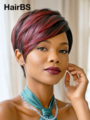 Machine Made rouge highlight straight pixie cut wig  100% Human Hair