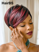 Machine Made rouge highlight straight pixie cut wig  100% Human Hair