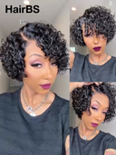 Machine Made Glueless Wig curly wave pixie black side part 100% Human Hair