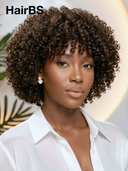 Machine Made Glueless wig curly wave with bangs Natural Black 100% Human Hair