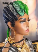 Wig mullet machine made green highlight water wave 100% Human Hair