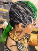 Wig mullet machine made green highlight water wave 100% Human Hair