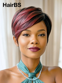 Machine Made rouge highlight straight pixie cut wig  100% Human Hair