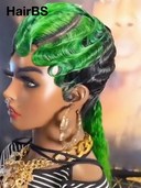 Wig mullet machine made green highlight water wave 100% Human Hair
