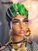 Wig mullet machine made green highlight water wave 100% Human Hair