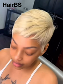 Glueless wig pixie cute wig Machine Made blonde straight 100% Human Hair