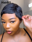 Machine Made straight pixie cut wig black 100% Human Hair
