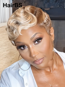 Glueless wig pixie wig Machine Made blonde water wave 100% Human Hair