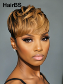 Glueless wig pixie wig Machine Made honey highlight 100% Human Hair