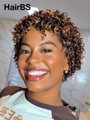 Machine Made Glueless wig curly wave brown highlight 100% Human Hair