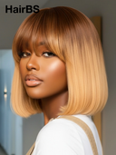 Glueless wig Machine Made BOB 10 inch straight with bangs honey 100% Human Hair