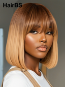 Glueless wig Machine Made BOB 10 inch straight with bangs honey 100% Human Hair