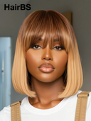 Glueless wig Machine Made BOB 10 inch straight with bangs honey 100% Human Hair