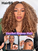HairBS Feather Crochet Human Hair Extensions deep wave Brown with Honey Highlights invisible and comfortable 100% Human Hair
