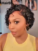 4x4 lace closure & gluelesse wig curly wave pixie  100% Human Hair