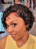 4x4 lace closure & gluelesse wig curly wave pixie  100% Human Hair