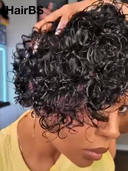 4x4 lace closure & gluelesse wig curly wave pixie  100% Human Hair