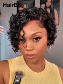 4x4 lace closure & gluelesse wig curly wave pixie  100% Human Hair