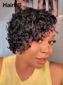 4x4 lace closure & gluelesse wig curly wave pixie  100% Human Hair