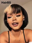 Machine Made BOB straight blonde highlight with bangs Glueless wig 100% Human Hair