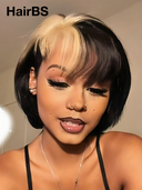 Machine Made BOB straight blonde highlight with bangs Glueless wig 100% Human Hair