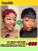 Great Deal 2 wigs +1 FREE Hair Straightener Comb machine made pixie wig 100% Human Hair