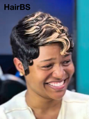 Glueless wig pixie Machine Made honey highlight water wave 100% Human Hair