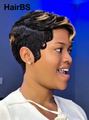 Glueless wig pixie Machine Made honey highlight water wave 100% Human Hair