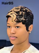 Glueless wig pixie Machine Made honey highlight water wave 100% Human Hair
